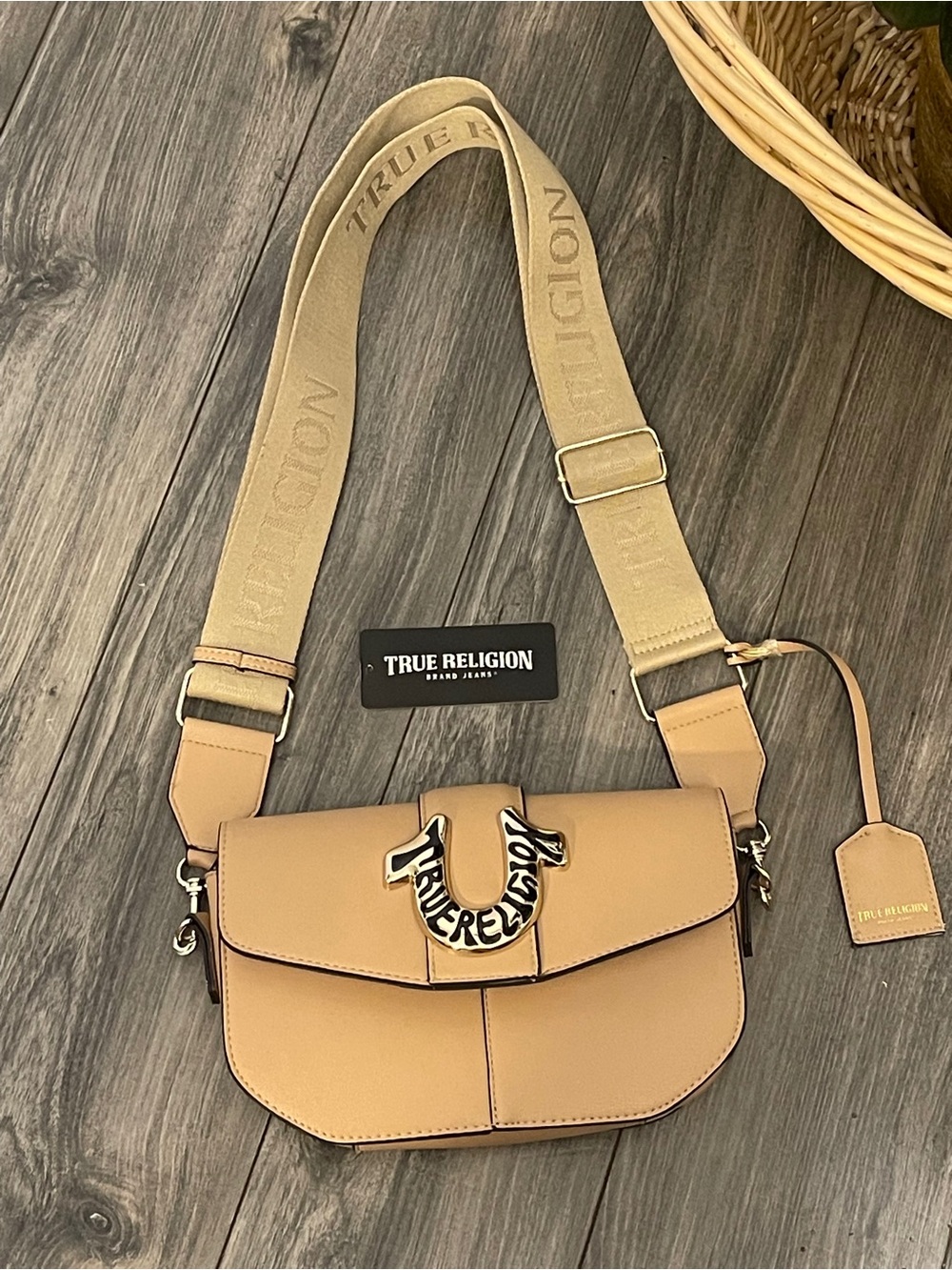 True Religion Beige Crossbody Bag with Branded Strap and Metal Logo